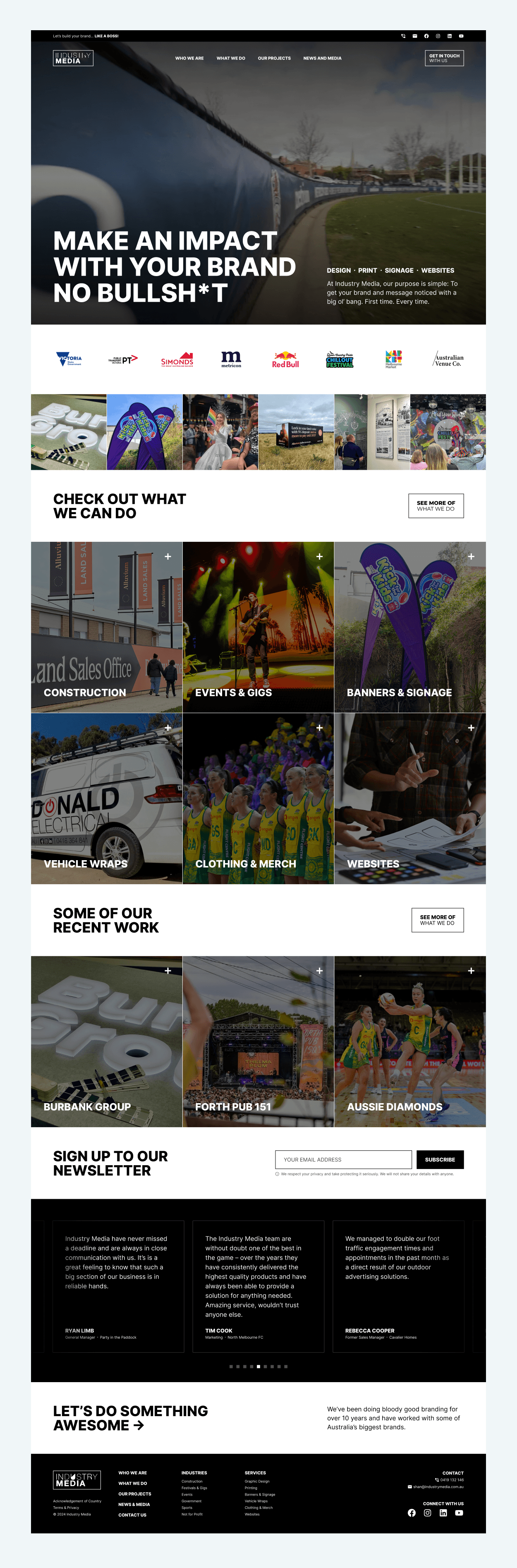 A screenshot of the desktop sized, home page layout for Industry Media