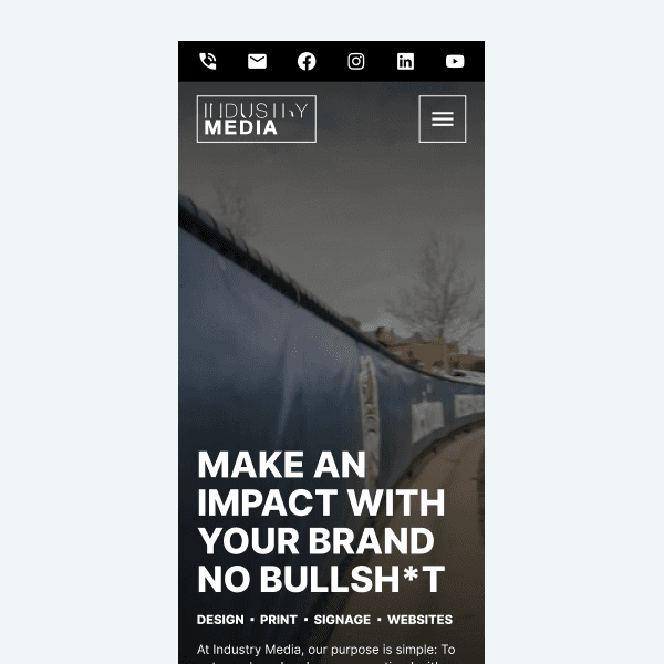 A screenshot of the mobile sized, home page layout for Industry Media