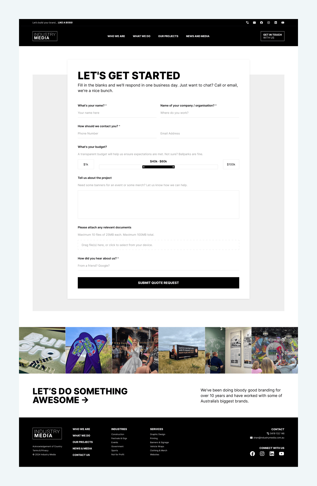A screenshot of the get a quote form for Industry Media