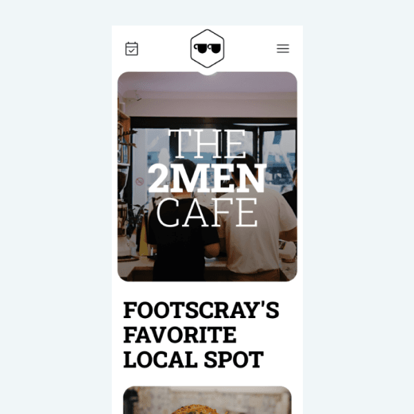 A screenshot of the mobile sized website for 2 men cafe