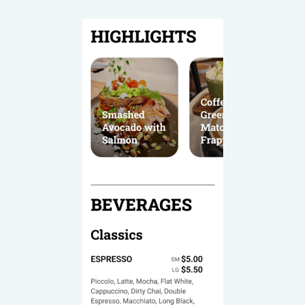 Another screenshot of the mobile sized website for 2 men cafe