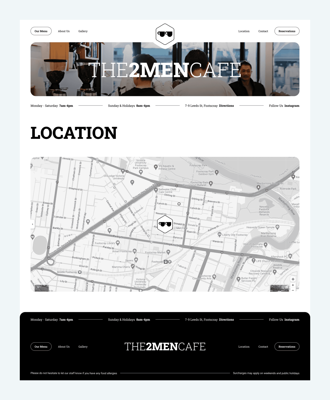 A screenshot of the location page for 2 men cafe featuring a google map